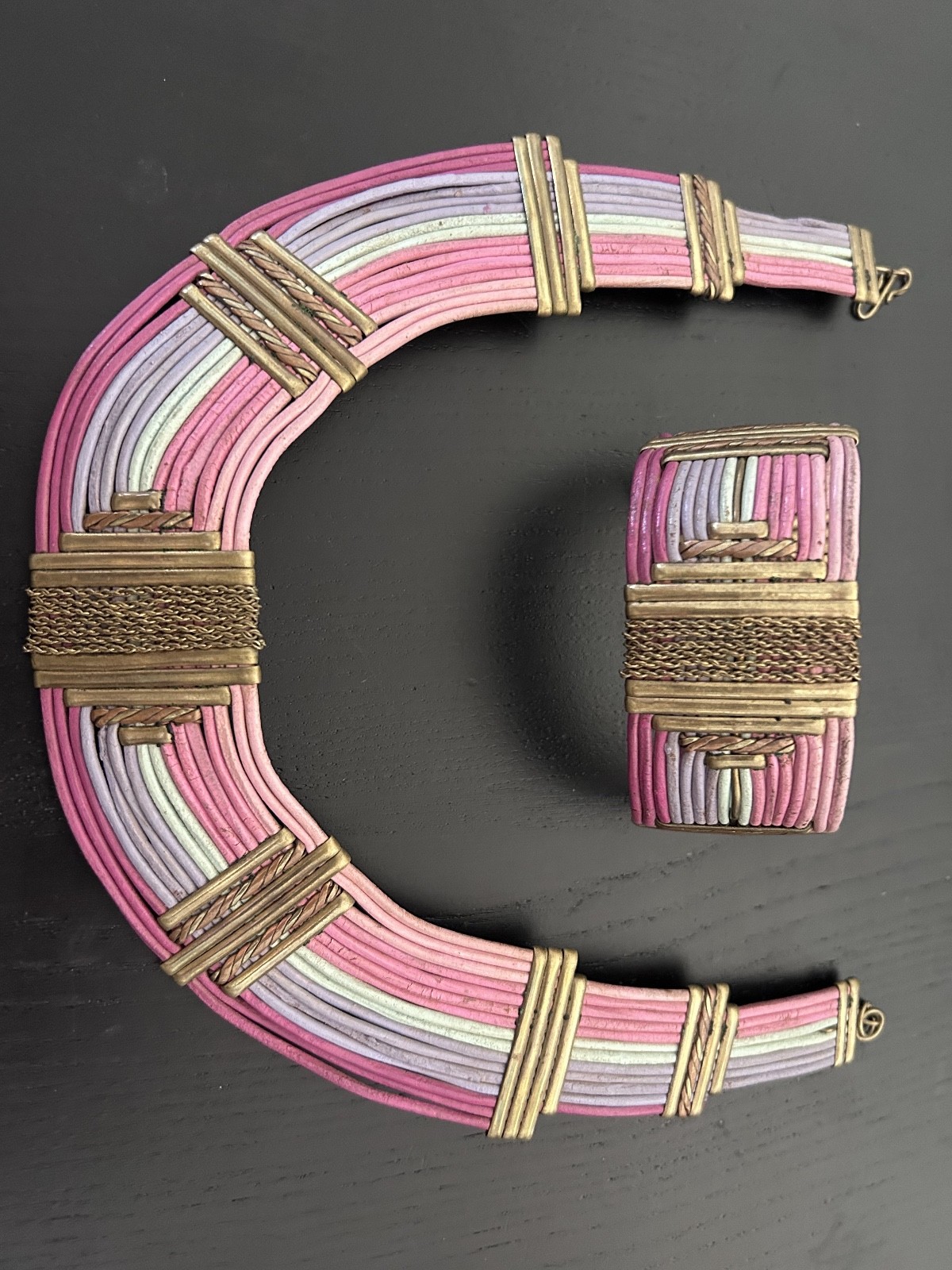 Vintage Alexis Kirk 1970\'s Leather Brass Collar Necklace Cuff Set Ombre Brutalis