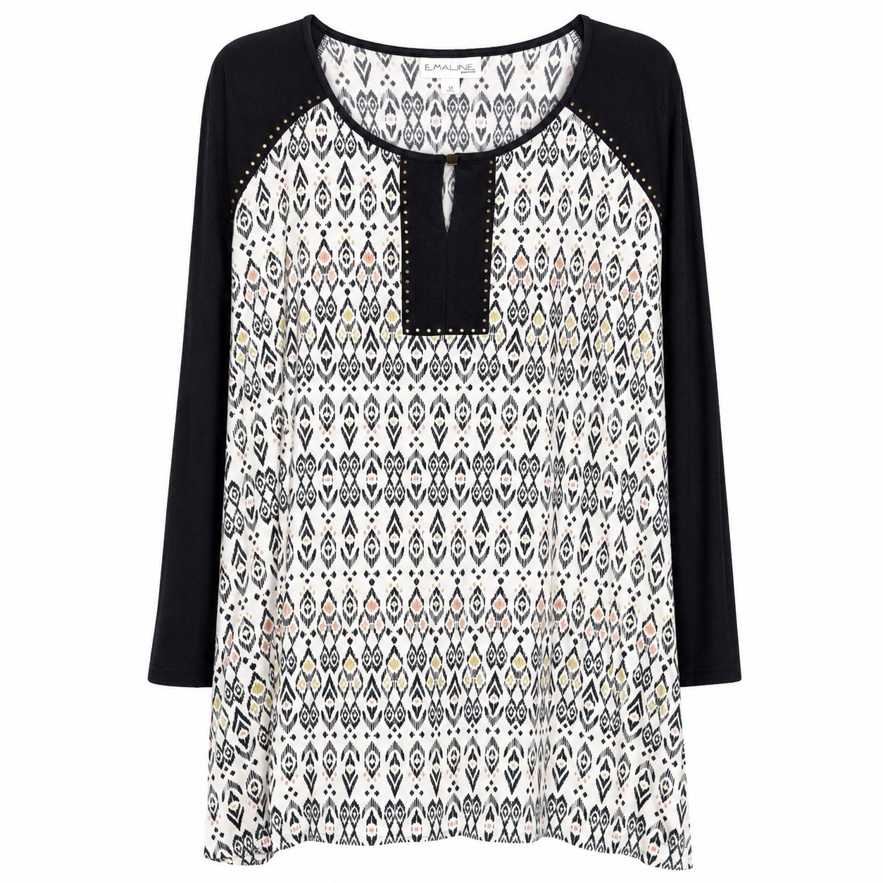 Emaline Woman Top 2X Black White Geometric Print Studded Keyhole Long Sleeve Emaline Woman Top 2X Black White Geometric Print Studded Keyhole Long Sleeve