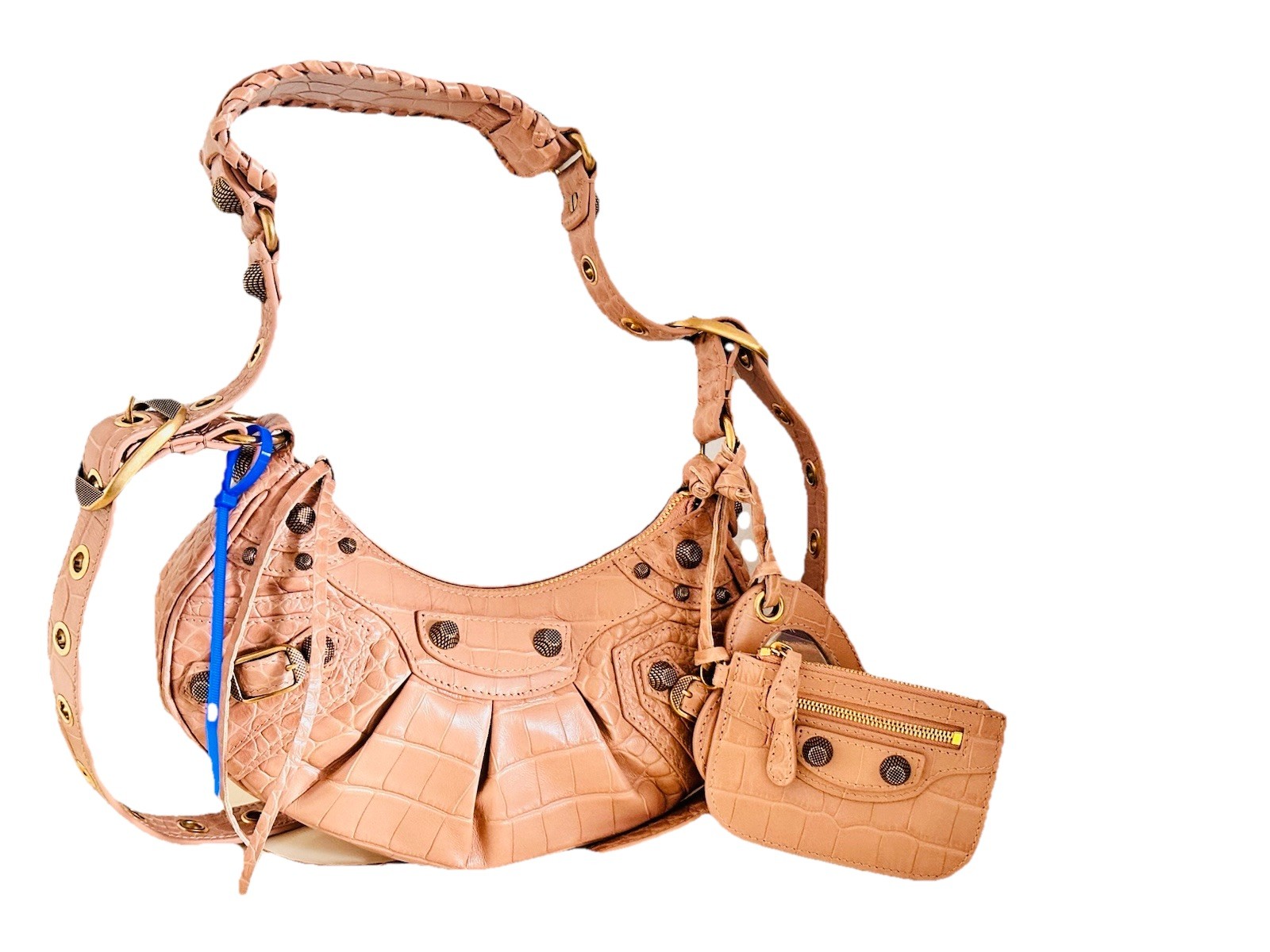 NEW Balenciaga Le Cagole Calfskin Crocodile Emboss Shoulder Bag XS Nude$2750 NWT