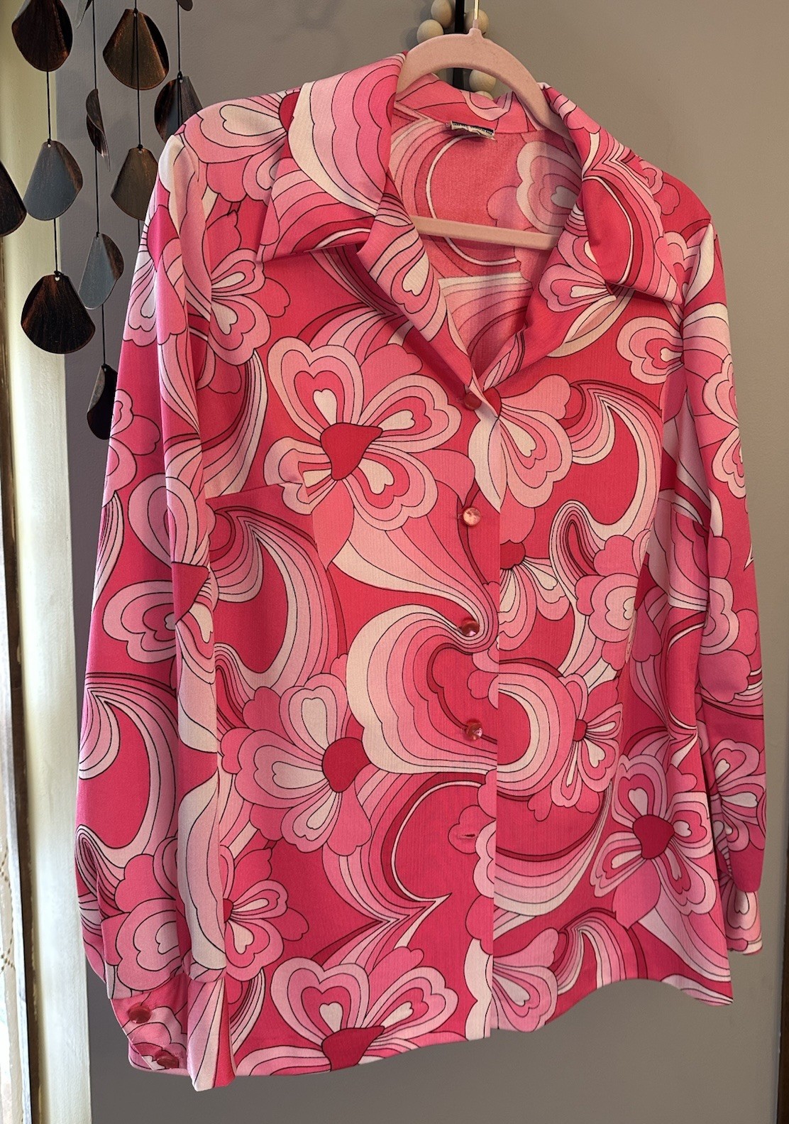 🔥RARE True Vintage 60s 70s Era Pink Psychedelic Long Sleeve Shirt FlowerPower M