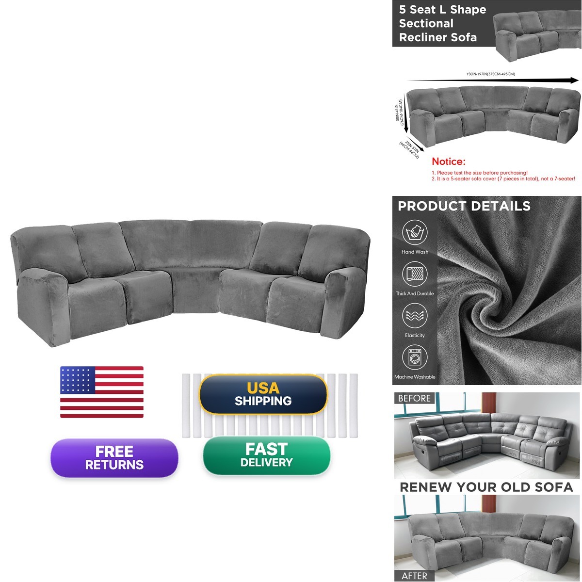 Peryiter 7 Pcs L Shape Sectional Recliner Sofa Covers 5 Seat Sectional Couch