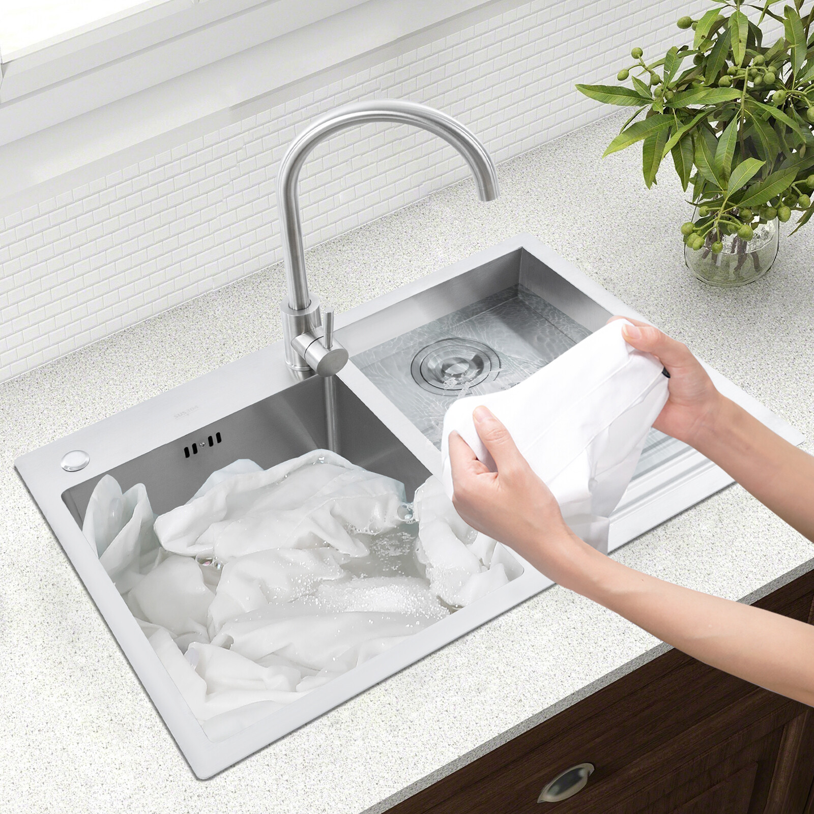 2-in-1 Stainless Steel Laundry Sink Bathroom Sink with Washboard &Faucet 70*48cm