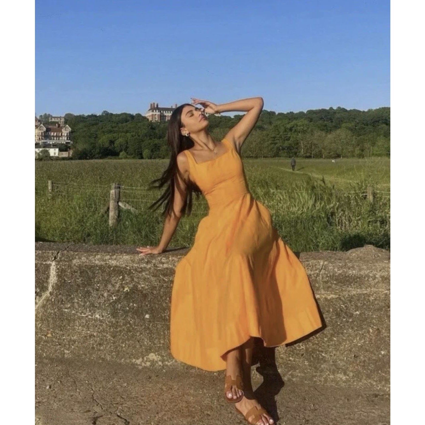 Zara Cotton Poplin Midi Dress XS Orange Fit and Flare Vibrant Vacation