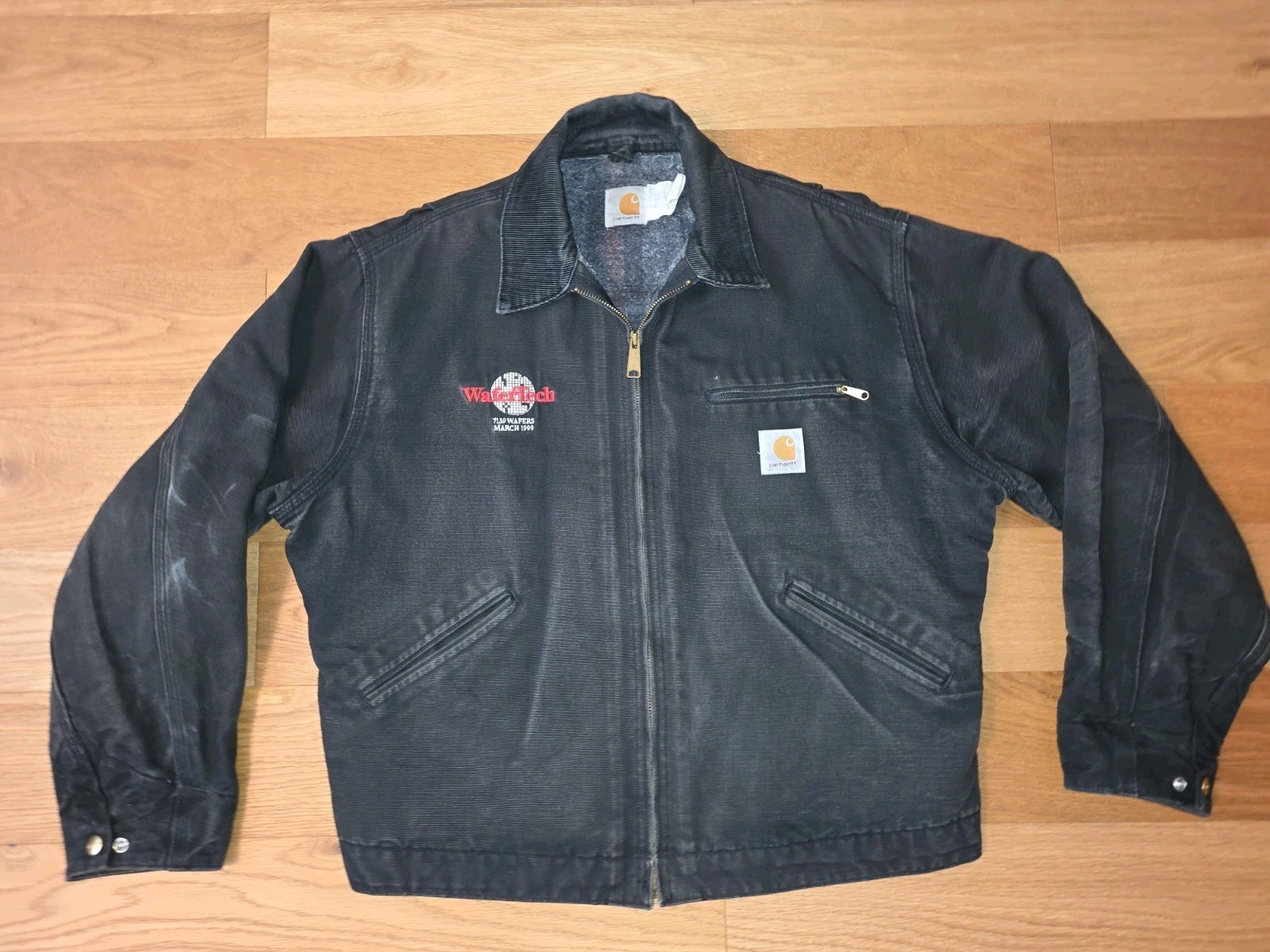 Vintage Carhartt J01 BLK Detroit Jacket Wafertech Logo USA Blanket Lined Size 44