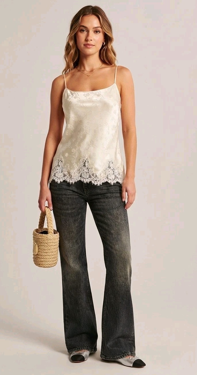 Reformation Women’s Carolina Jacquard Satin Top Cream Color Lace Trim Size S