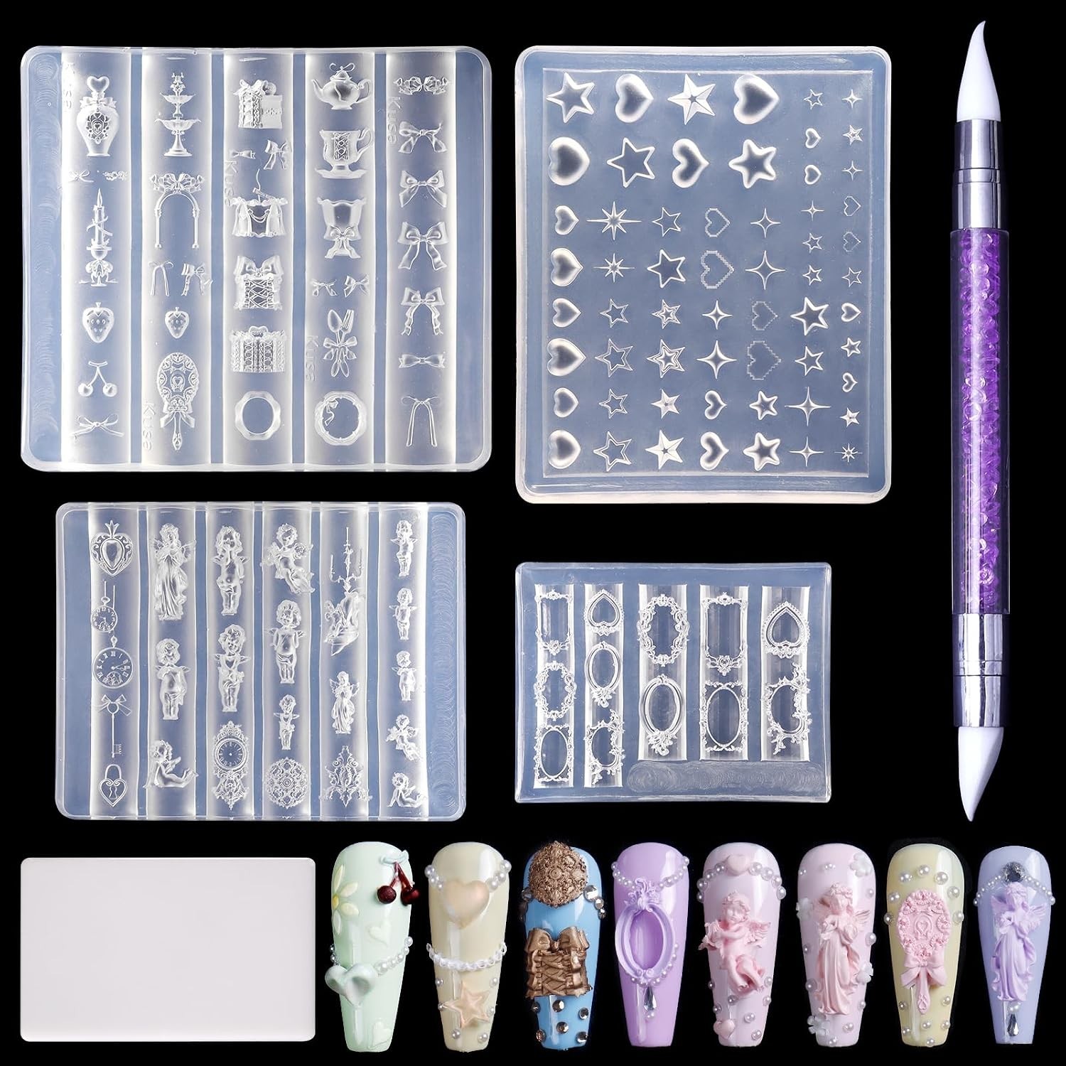Laza 4pcs Silicone Nail Art Molds, 3D Virgin Mary, Mirror Frame, Heart, Bowkn... Laza 4pcs Silicone Nail Art Molds, 3D Virgin Mary, Mirror Frame, Heart, Bowkn...