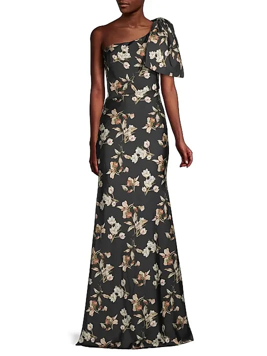 Sachin & Babi Black Aubrey Floral One-Shoulder Satin Crepe Gown Size 12 $795