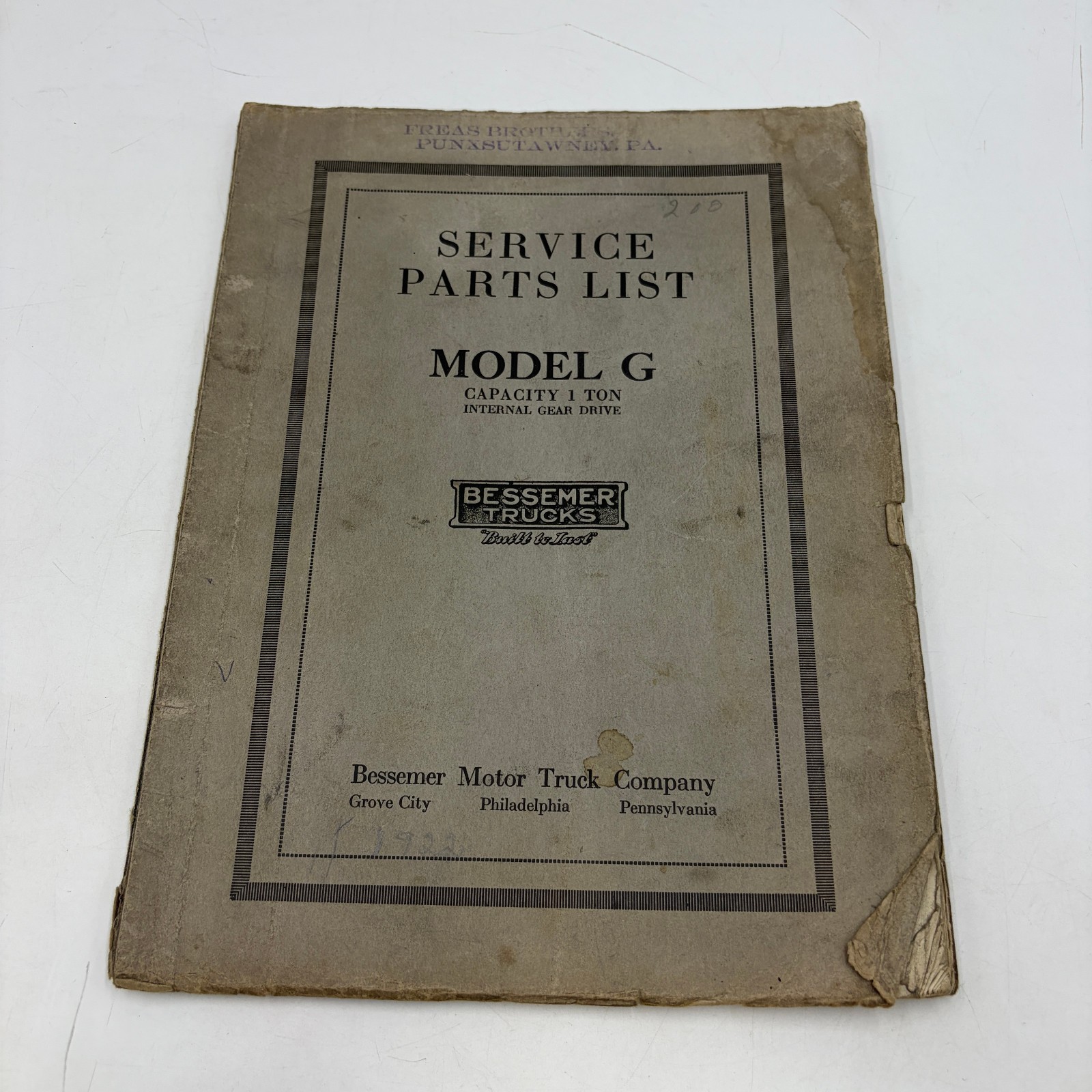 Vintage Bessemer Trucks Model G 1 Ton Service Parts List Original Manual