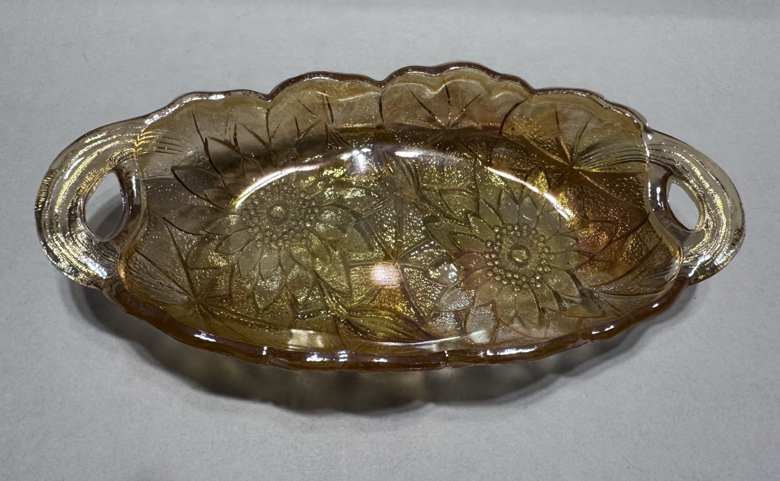 Vintage Jeannette Marigold Carnival Glass Sunflower Relish Tray Handled Dish 9\ Vintage Jeannette Marigold Carnival Glass Sunflower Relish Tray Handled Dish 9\