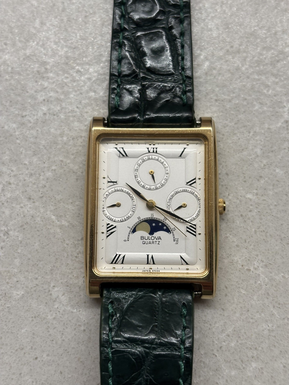 Rare vintage tank Bulova T1 moon phase triple calendar quartz