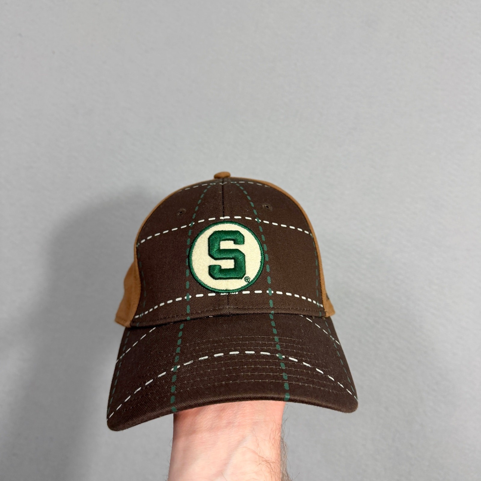 Vintage Michigan State Spartans Hat Cap Adult OSFA Brown Check Adjustable MSU