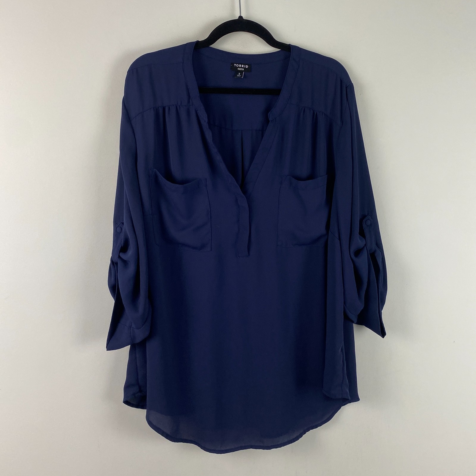 Torrid Harper Popover Blouse Size 3X Navy Blue Popover 3/4 Sleeves Pockets