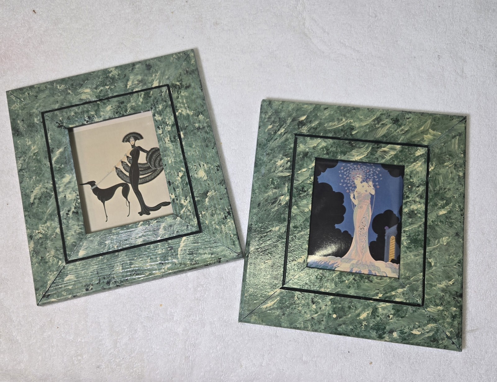 Vintage 1980s Handpainted Faux Marble Erte Art Deco Framed Pair Folk Art