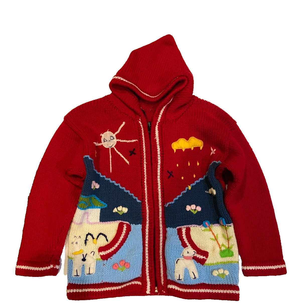 VTG Handmade Ecuadorian Wool Kids Hoodie Sweater Jacket Sun Cloud Red Size 3T/4T