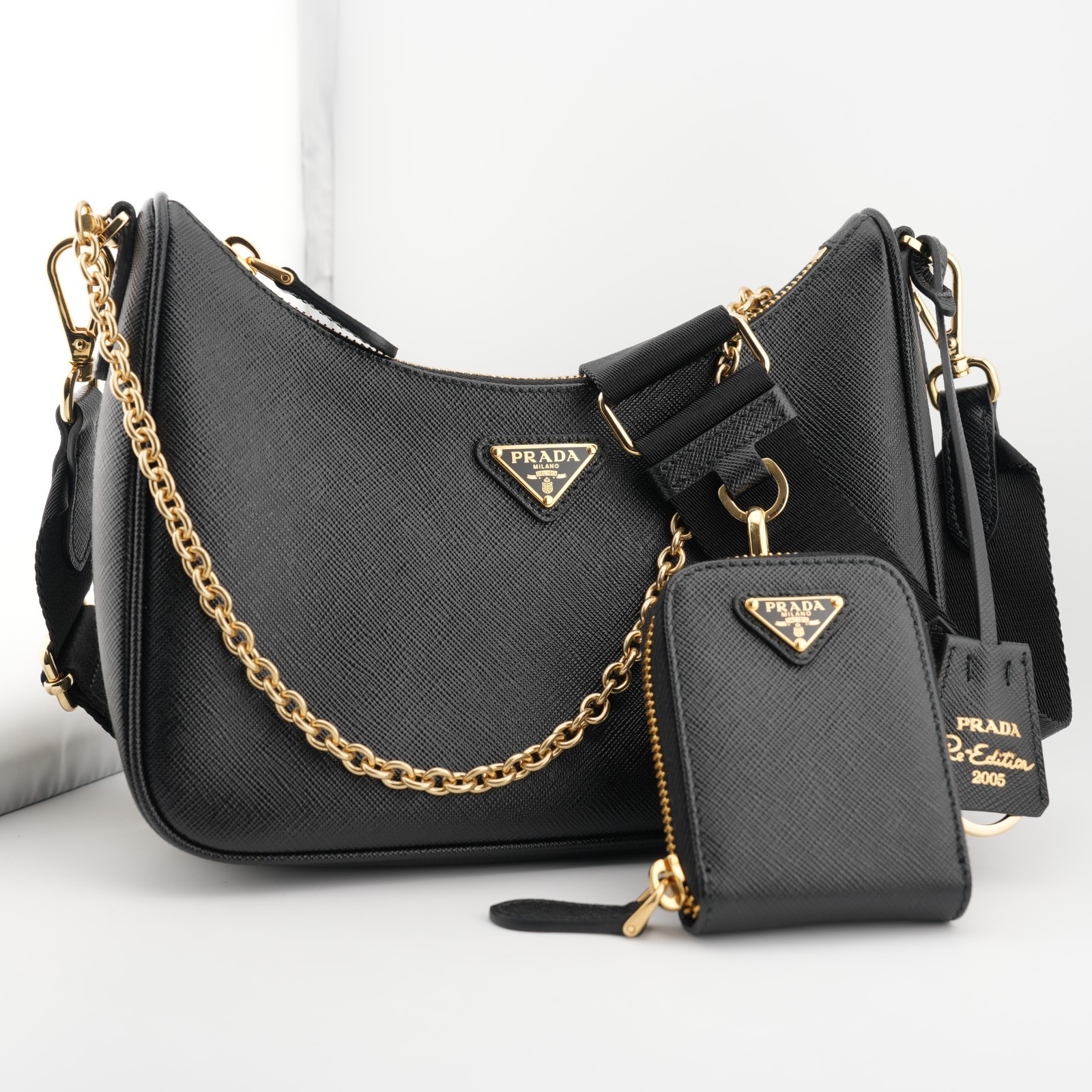 * PRADA Re-Edition 2005 Black Gold Saffiano Leather Shoulder Bag with Pouch * PRADA Re-Edition 2005 Black Gold Saffiano Leather Shoulder Bag with Pouch