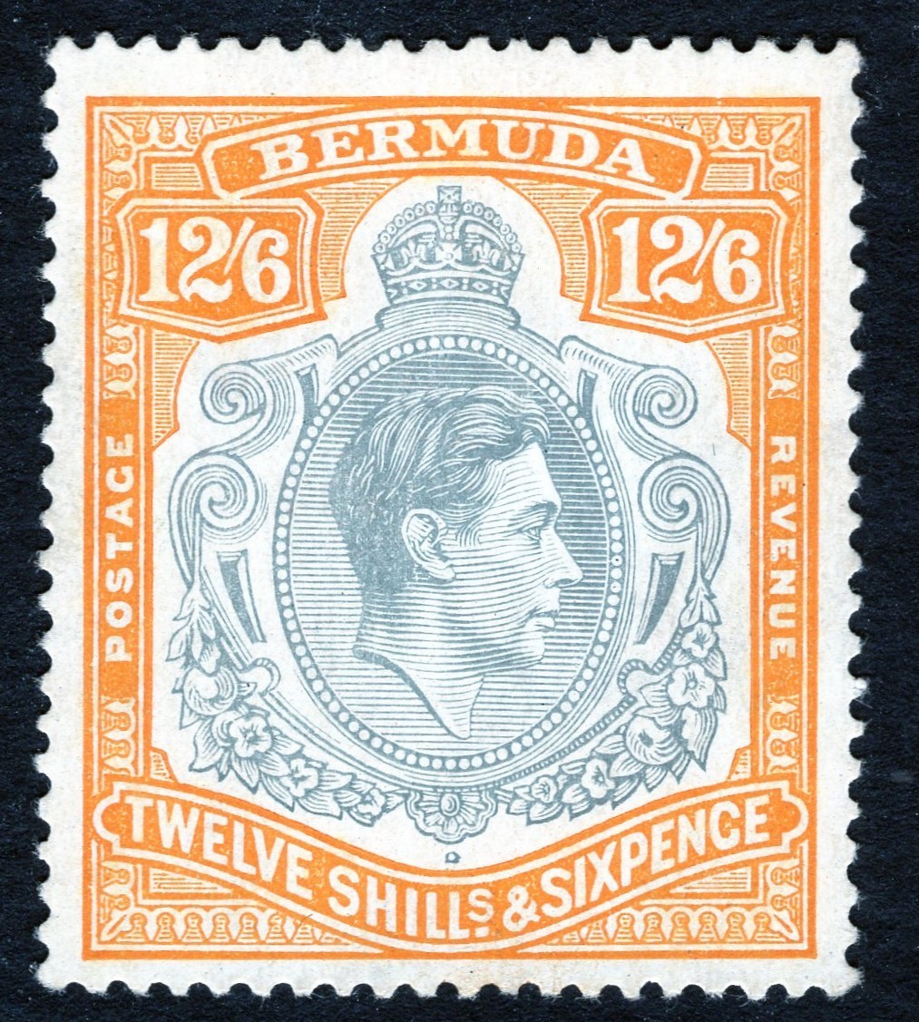 Bermuda 1939 KG VI SG 120a 12/6 Grey & Brown on Orange Stamp  P14 MN