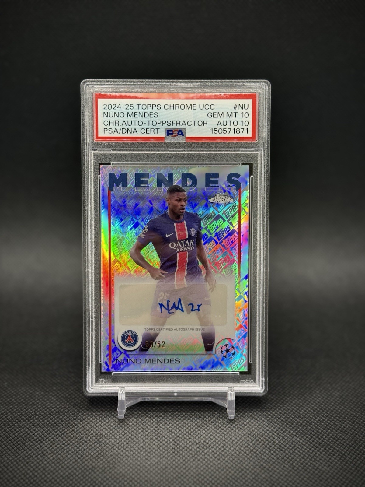 Nuno Mendes 2024-25 Topps Chrome UEFA Toppsfractor /52 PSA 10/10 PSG