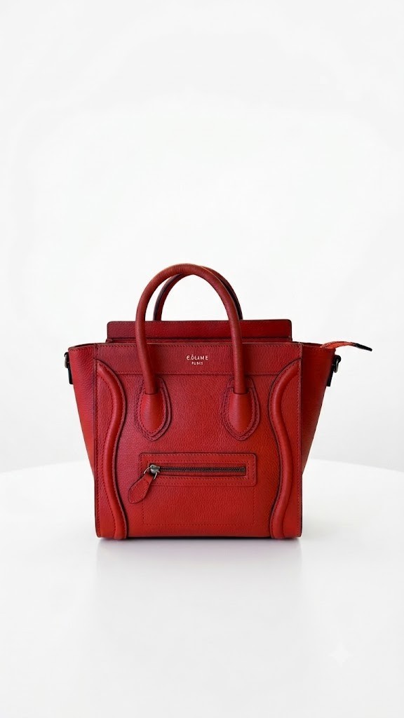 CELINE Nano Luggage Tote Red Drummed Calfskin Gold Hardware Crossbody Bag