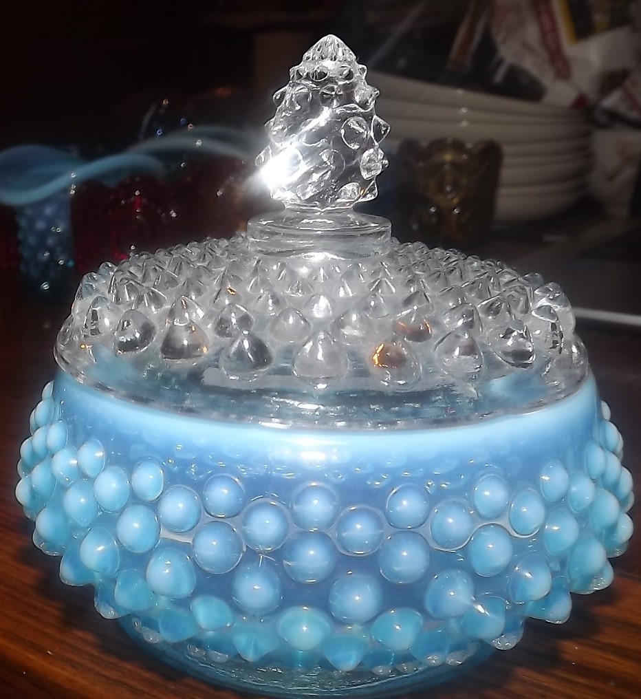Fenton Blue Opalescent Hobnail Powder Dish Fenton Blue Opalescent Hobnail Powder Dish