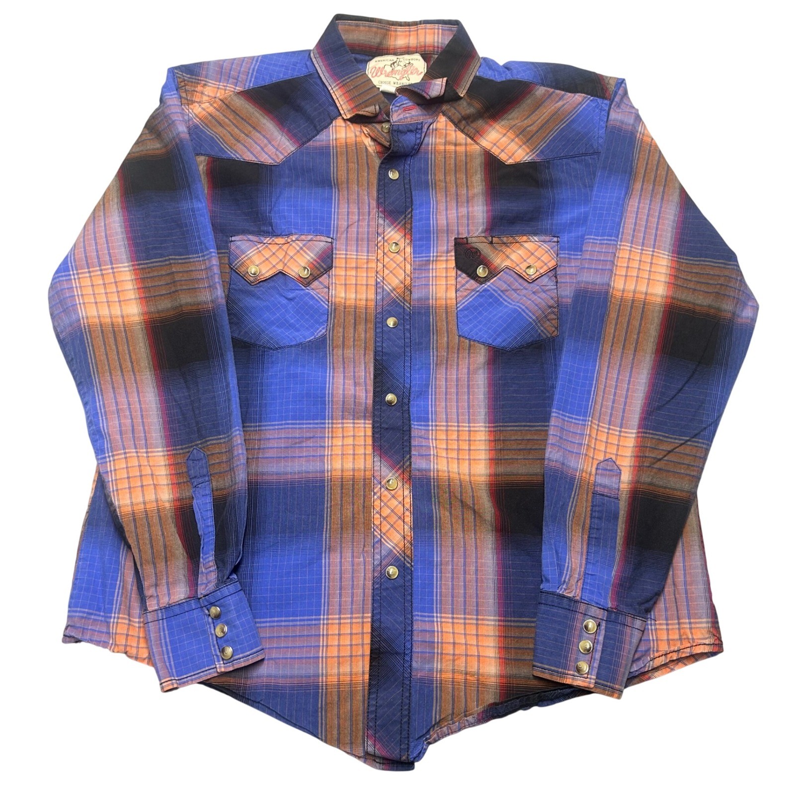Wrangler Western Pearl Snap Shirt Blue Orange Plaid Mens L MV1410M Cowboy Cotton