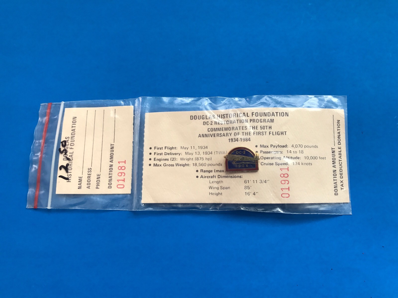 RARE DOUGLAS HISTORICAL FOUNDATION DC-2 RESTORATION PROGRAM DONATION CARD 1984