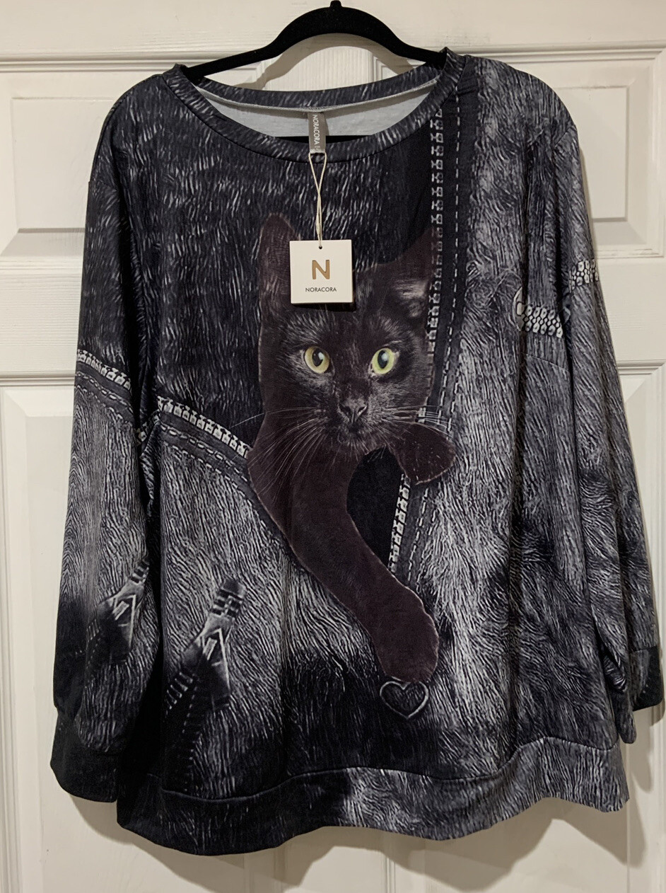 NWT Nora Cora Sz XL Women\'s Black 3D Funny Cat Zipper Long Sleeve Pullover Top