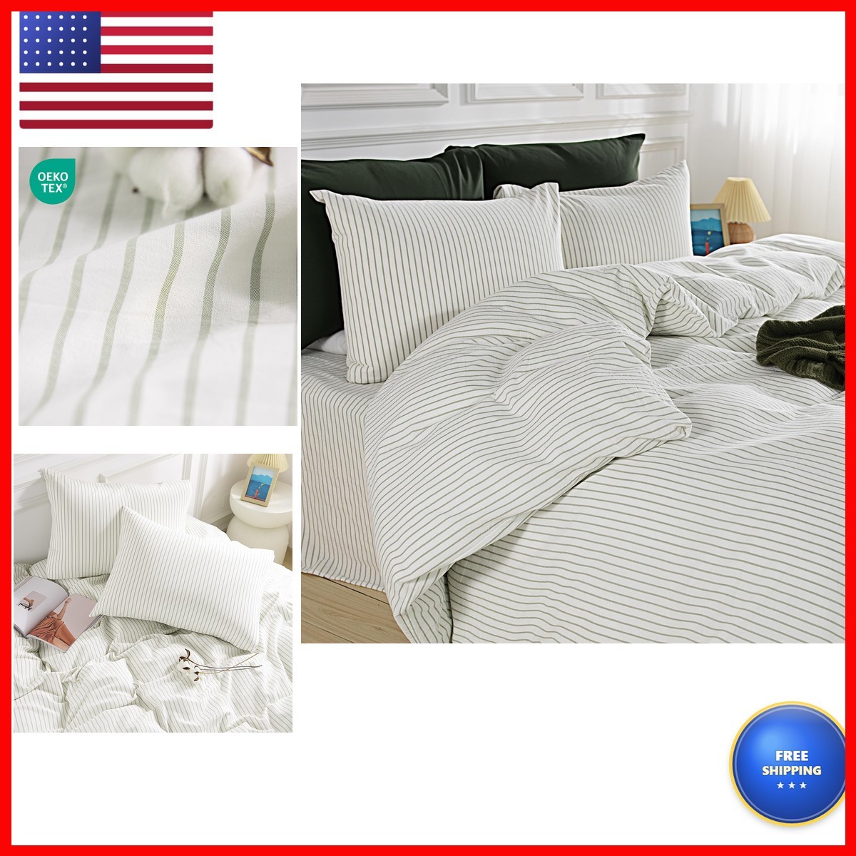 NEXHOME PRO Striped Duvet Cover Oversized Queen Cotton 3pc Green Stripes 98x98