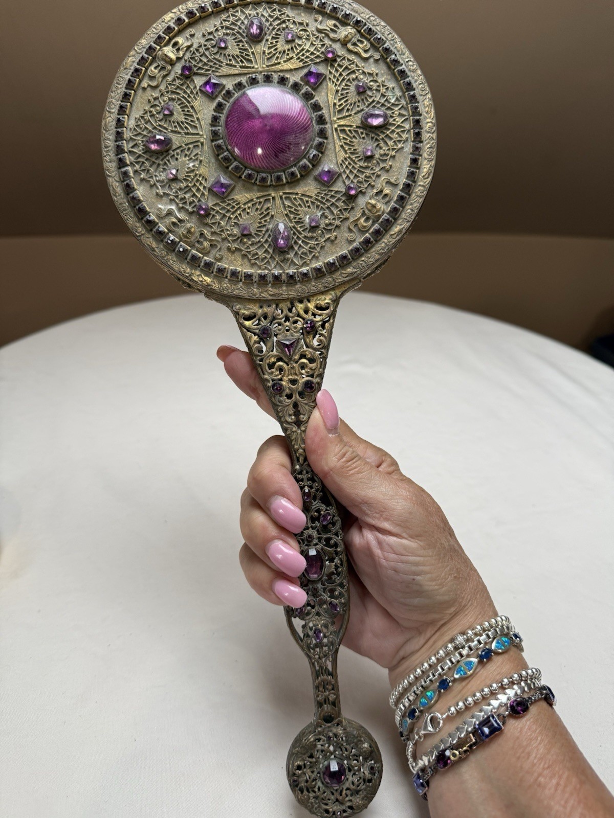 Truly Magnificent Antique 1920's E & JB Brass Filigree Jeweled Hand Mirror 14” Truly Magnificent Antique 1920's E & JB Brass Filigree Jeweled Hand Mirror 14”