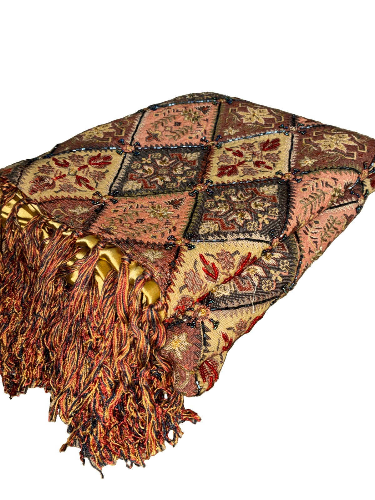 Vtg Pier 1 Tapestry Fringe Throw Blanket Boho Beaded Diamond Moroccan INDIA