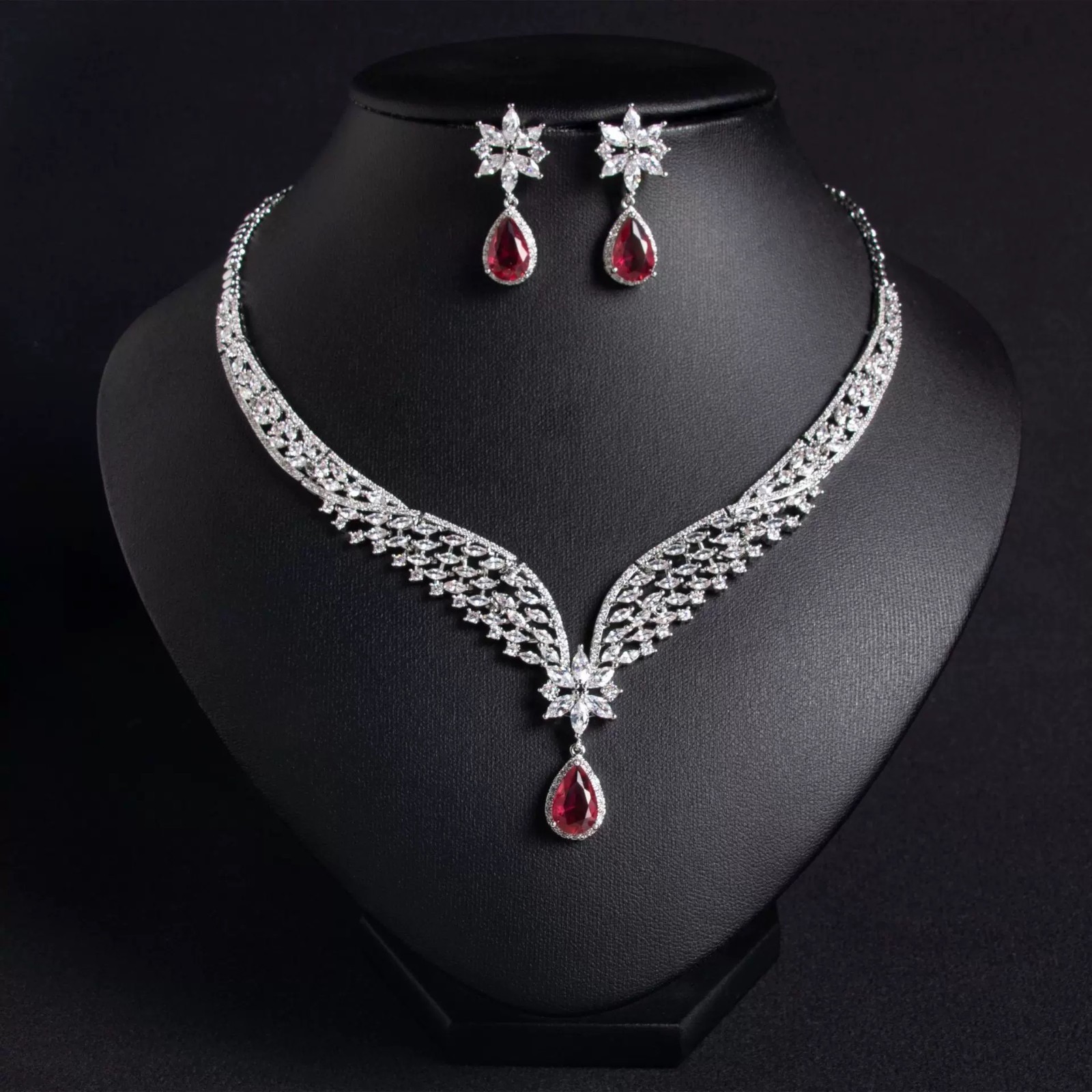 Vintage Red Teardrop Crystal Necklace Earrings Set Silver Bridal Jewelry