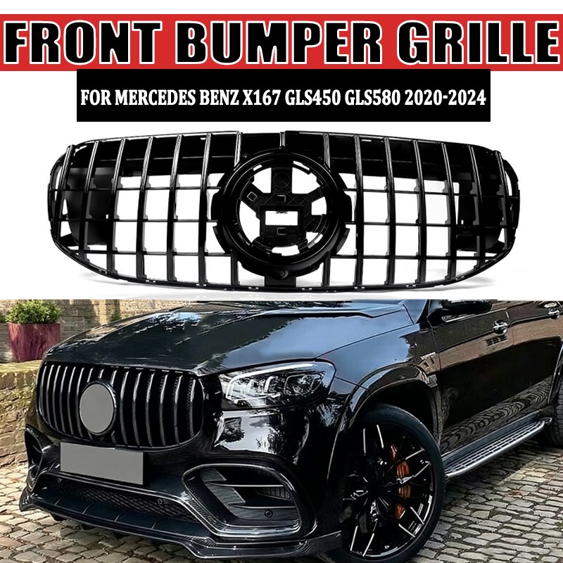 All Black GT Front Grille W/ Camera Hole For Benz X167 GLS450 GLS580 2020-2024