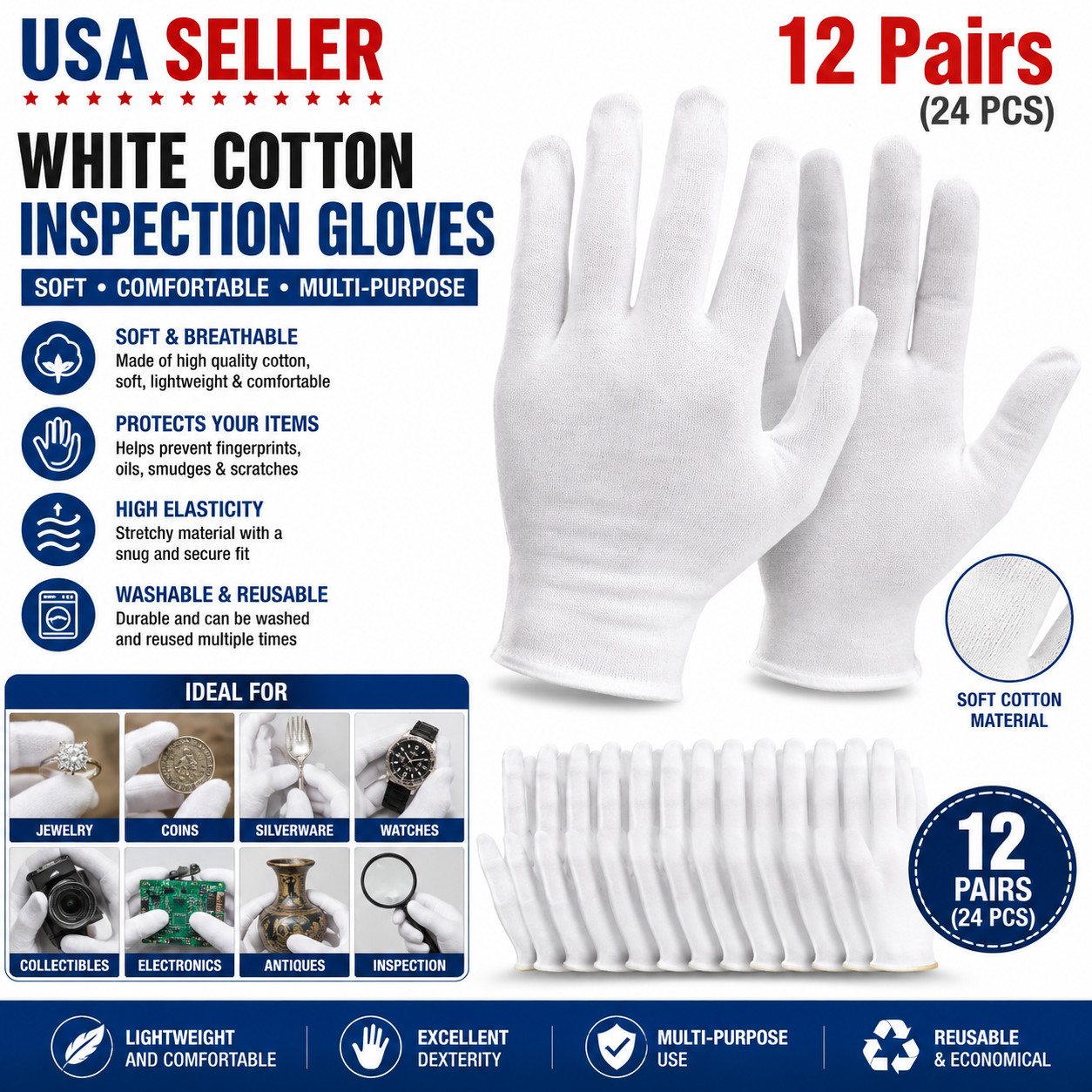 12 Pairs (24 PCS) White Soft Cotton Work Gloves Jewelry Coin Silver Inspection