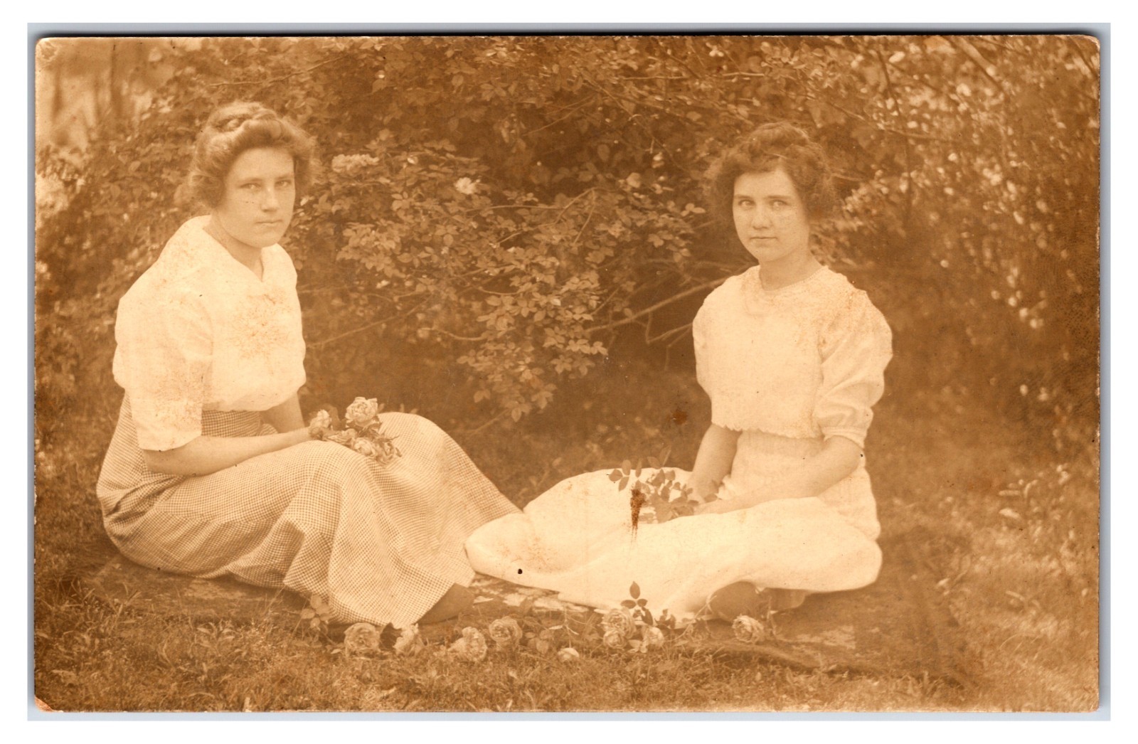 Early 1910s RPPC 2 Ladies With Flowers Postcard (UnPosted) Real Photo Postcard