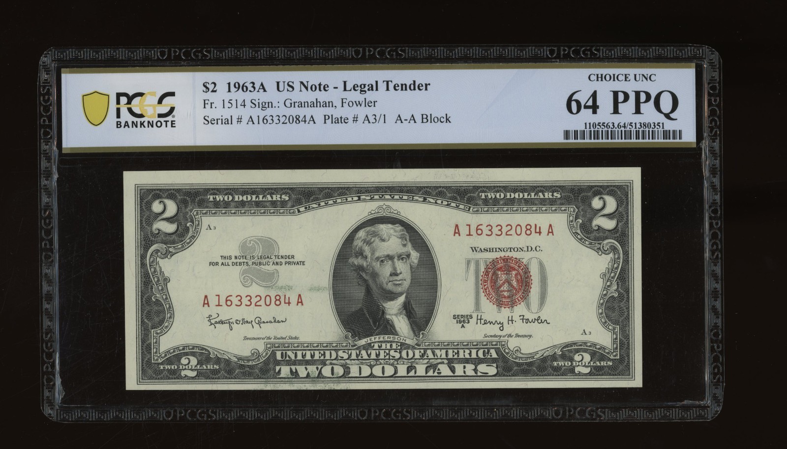 DBR 1963-A $2 Legal Fr. 1514 PCGS-B 64 PPQ Serial A16332084A