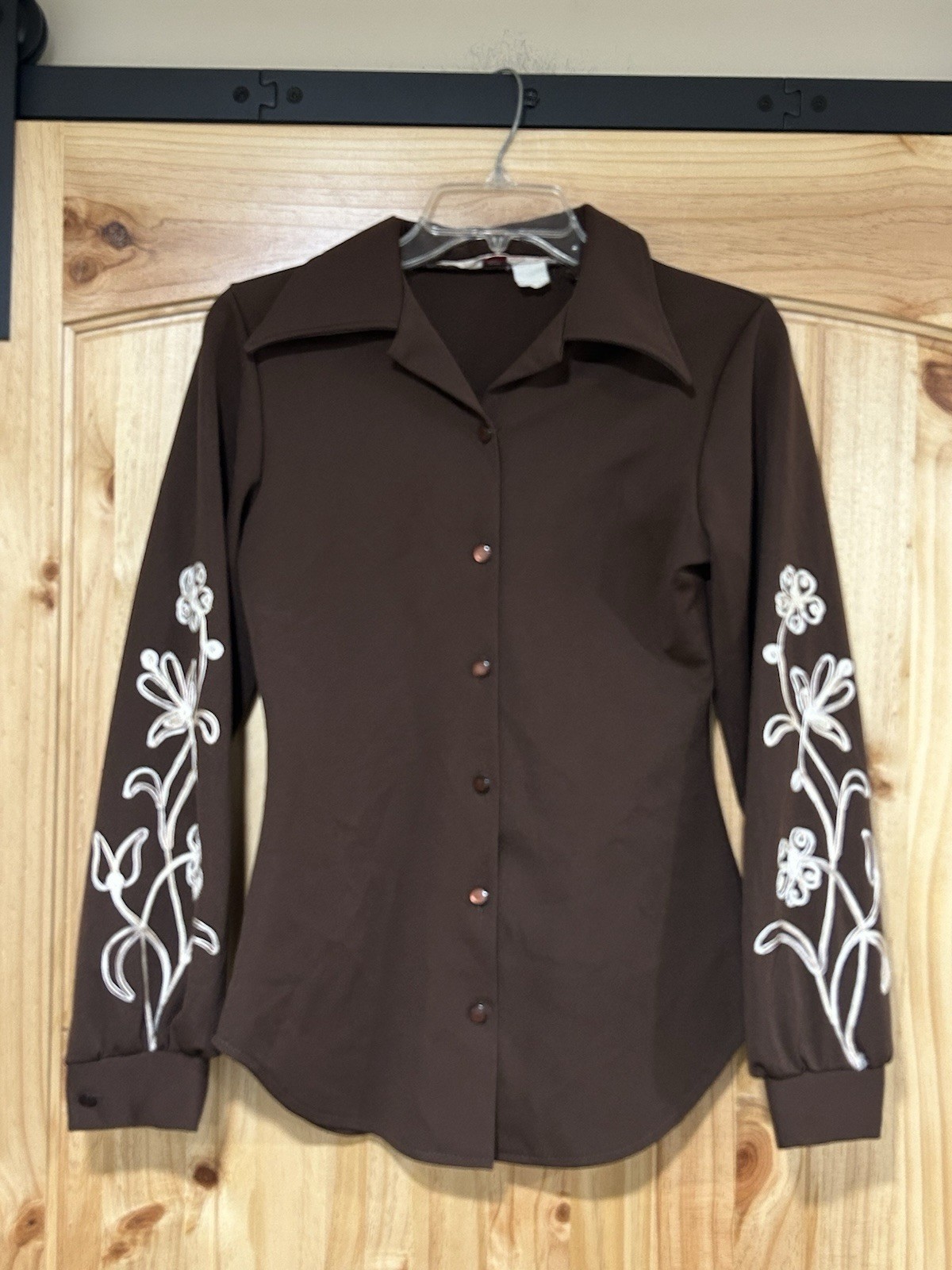 VTG H Bar C California Rancher wear Woman’s Long Sleeve Brown Floral Embroidery