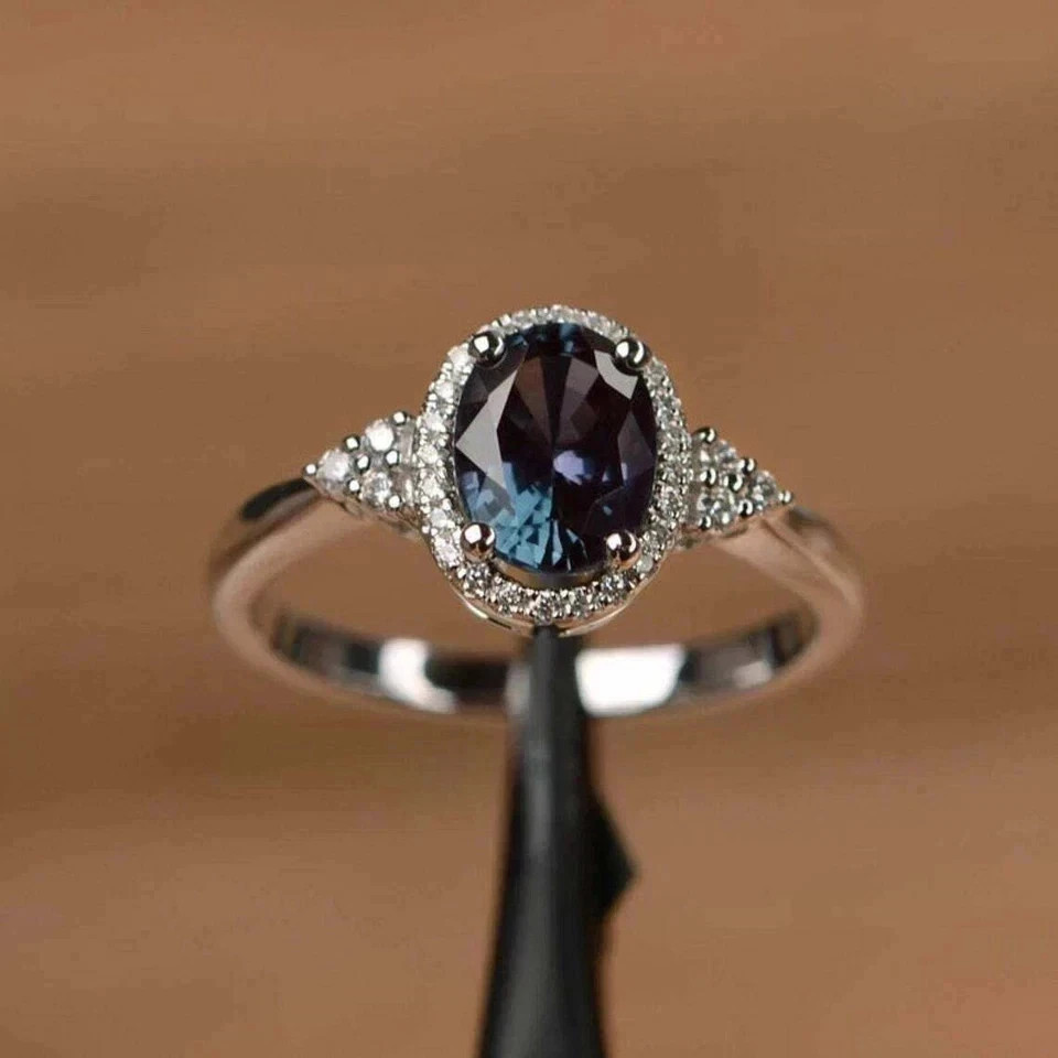 3.10 Ct Oval Cut Natural Alexandrite & Diamond Wedding Ring 925 Sterling Silver