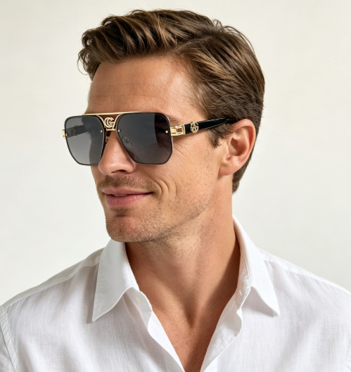 Gucci Double Bridge Square Sunglasses Gold Frame Dark Grey Lens 64-16-138