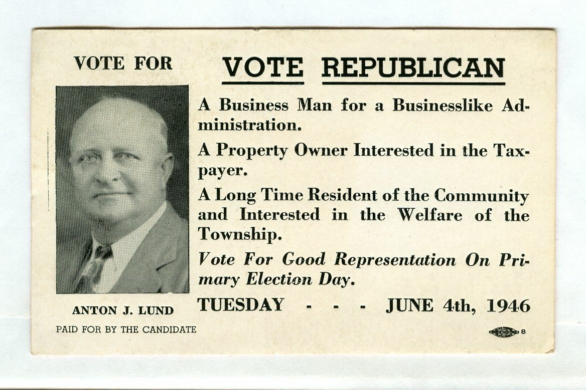 Vintage 1946 VOTE REPUBLICAN Primary Ink Blotter Anton J. LUND (Woodbridge NJ)