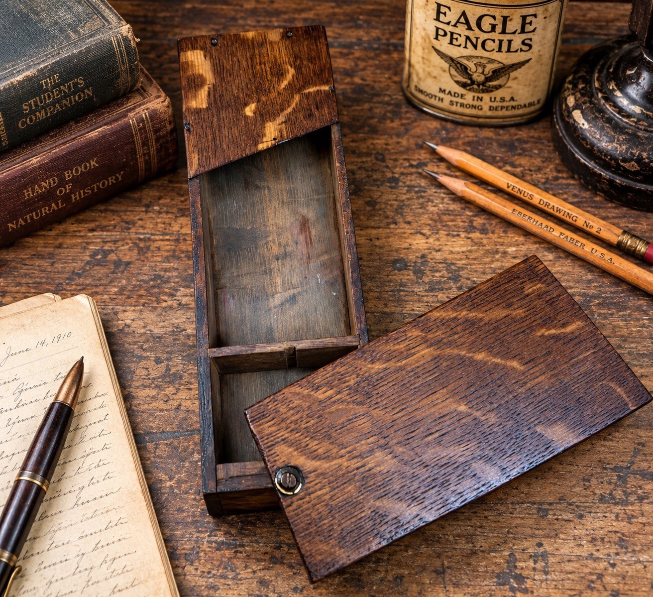 Antique Tiger Oak Wood Pencil Box Swivel Top Early Primitive