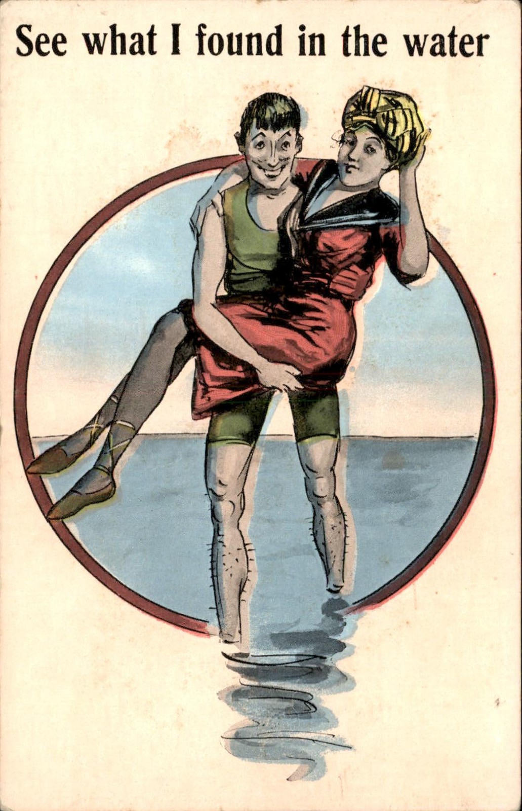 Bathing Beauty Couple SEE WHAT I FOUND IN THE WATER c1910 Vintage Postcard