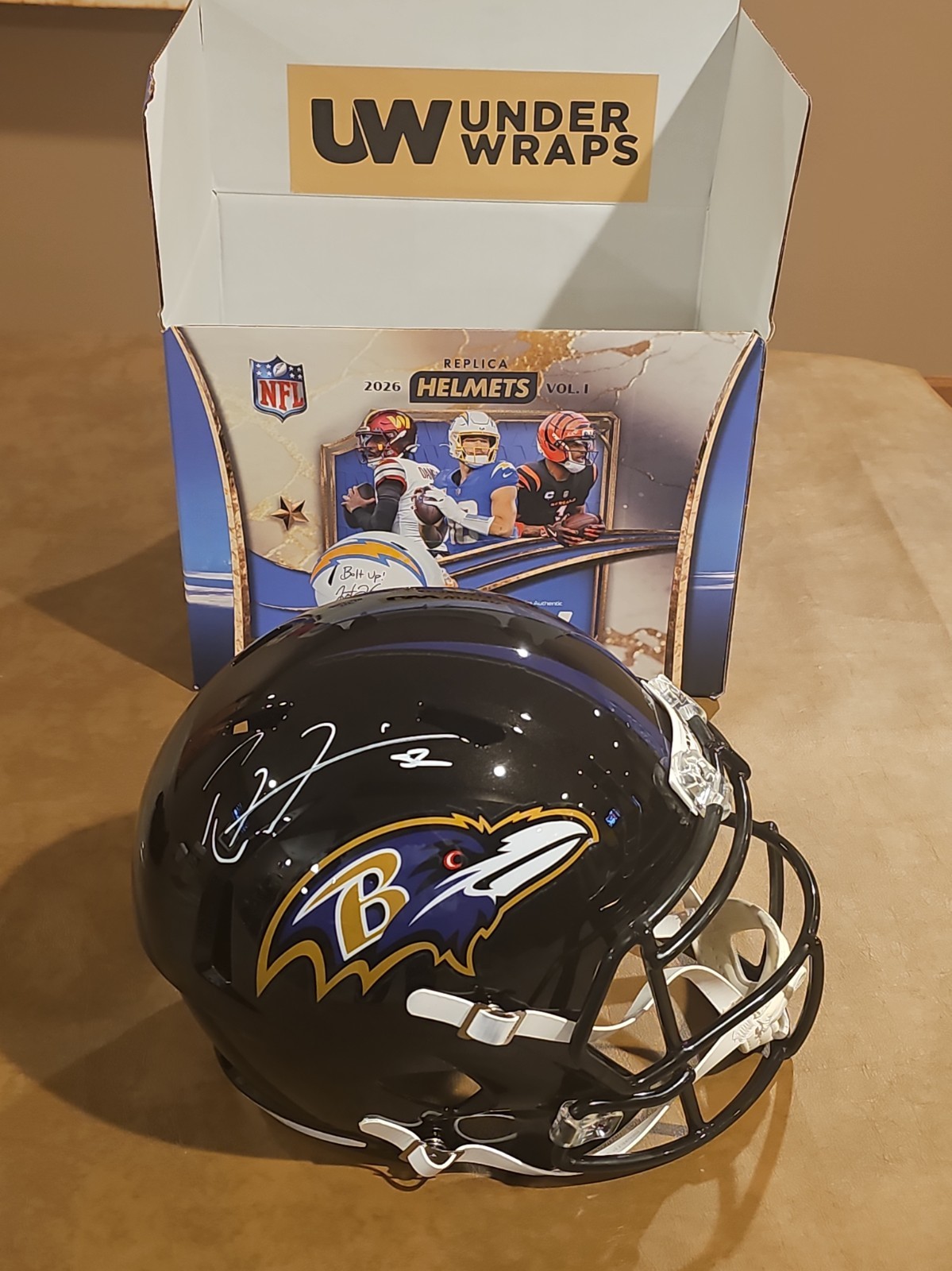 Ray Lewis Signed Baltimore Ravens Under Wraps Gold Full Size Replica Helmet