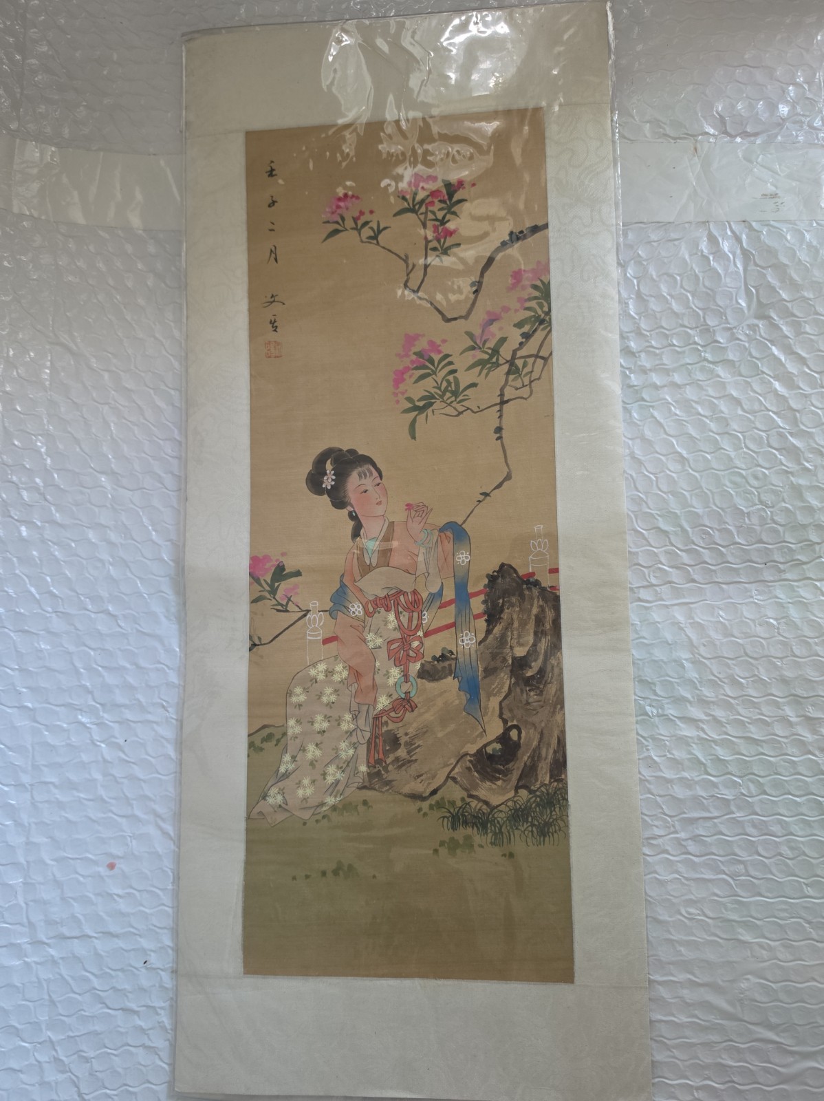 Vintage Chinese Hand Painted Silk Scroll Painting Lady Blossom Tree 60x26cm