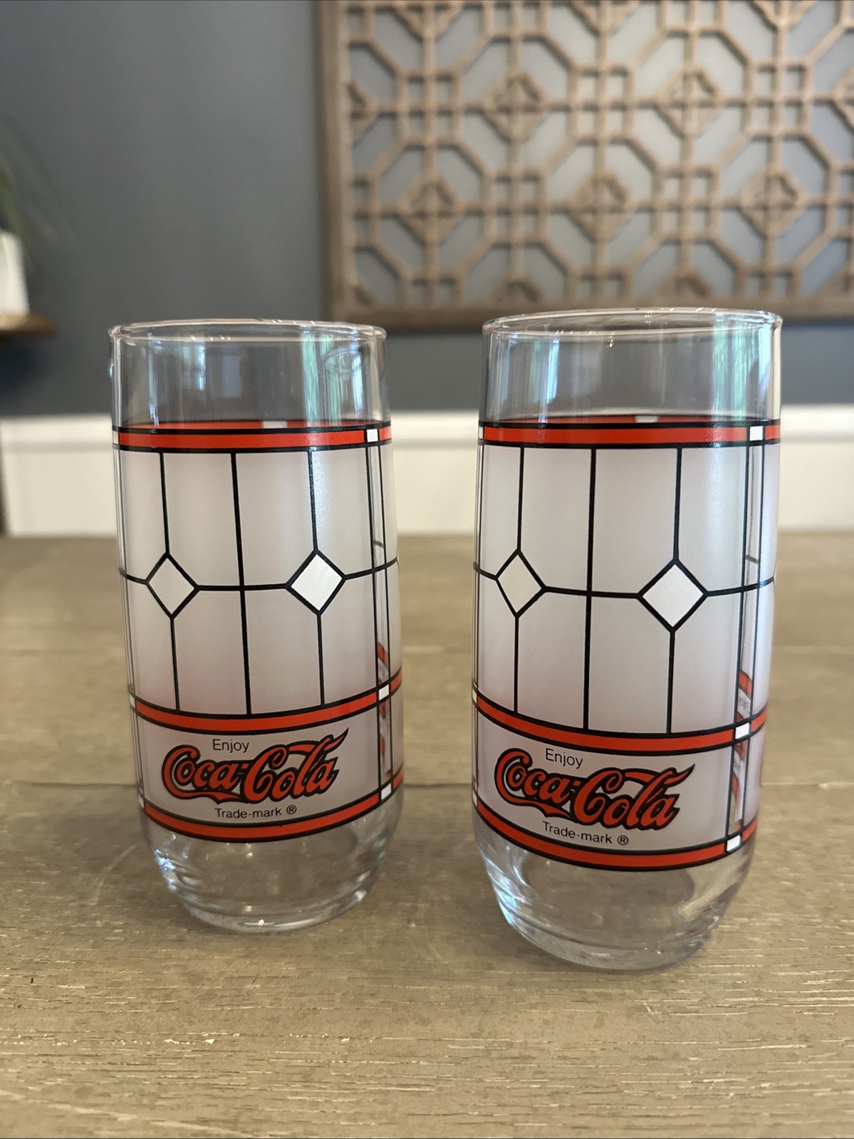 2 Vintage Libbey Coca Cola Drinking Glasses Tiffany Frosted Stained Glass