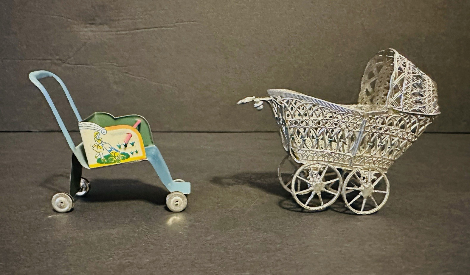 Vtg Dollhouse Mini Metal Pram & Baby Stroller Lot of 2 Silver Blue Green