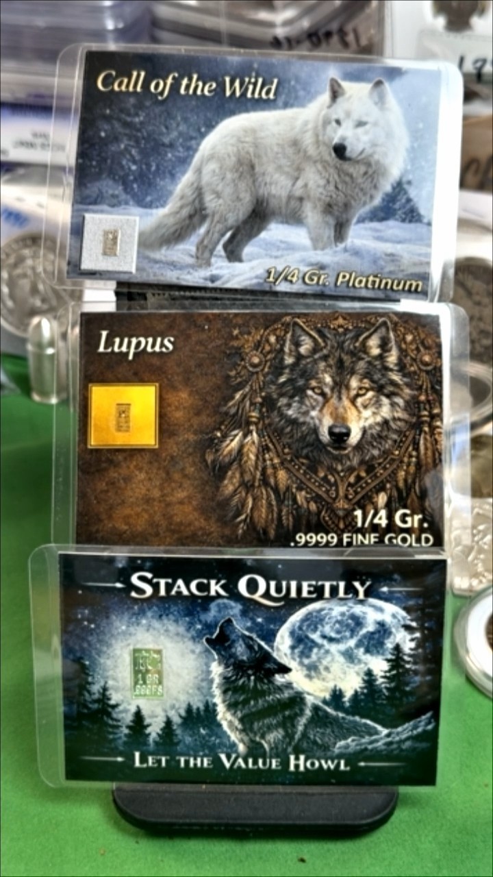 1/4 grain gold wolf. 1/4 grain platinum wolf, and 1 grain silver.