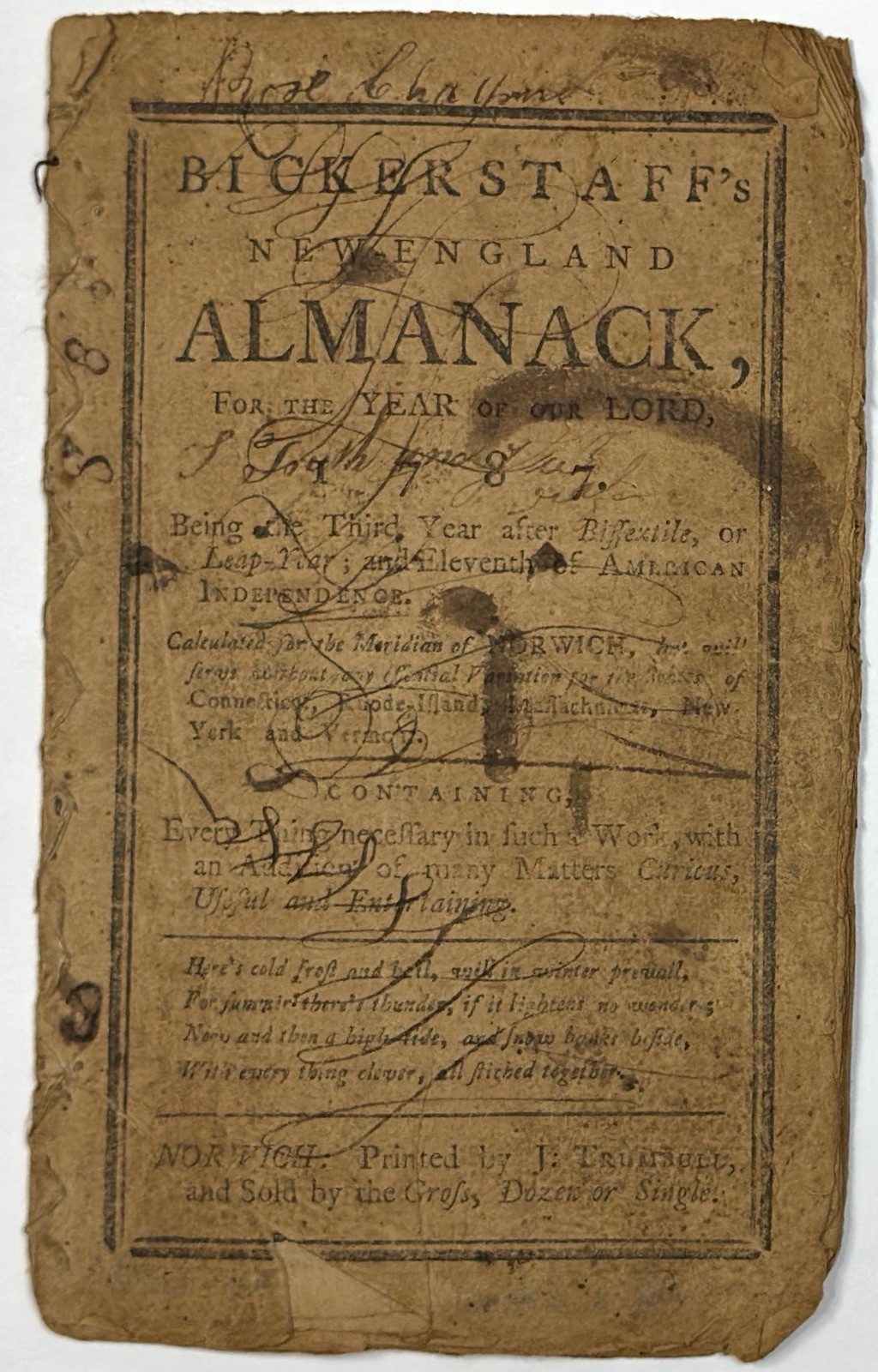 1787 BICKERSTAFF\'S NEW-ENGLAND ALMANACK WEST NORWICH CONNECTICUT TRUMBULL TAVERN
