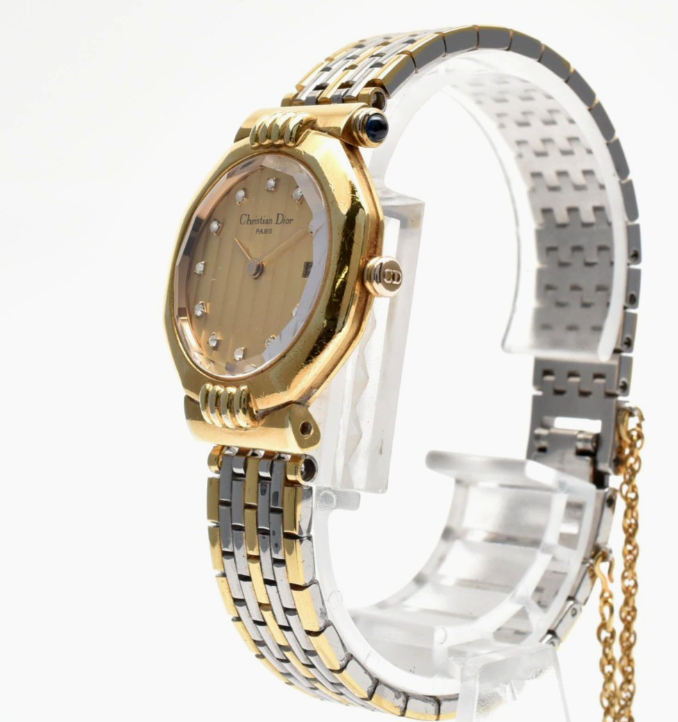 [Exc+5] Christian Dior 64151 25mm 11P Diamond Gold Dial Qz Ladies Watch JAPAN