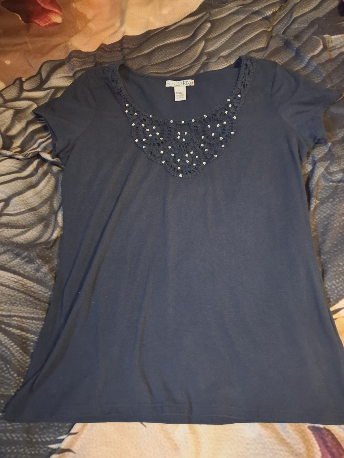 RXB Womens Navy Blue Fancy Scoop Neck %95 Cotton Tshirt With Beads & Crochet...