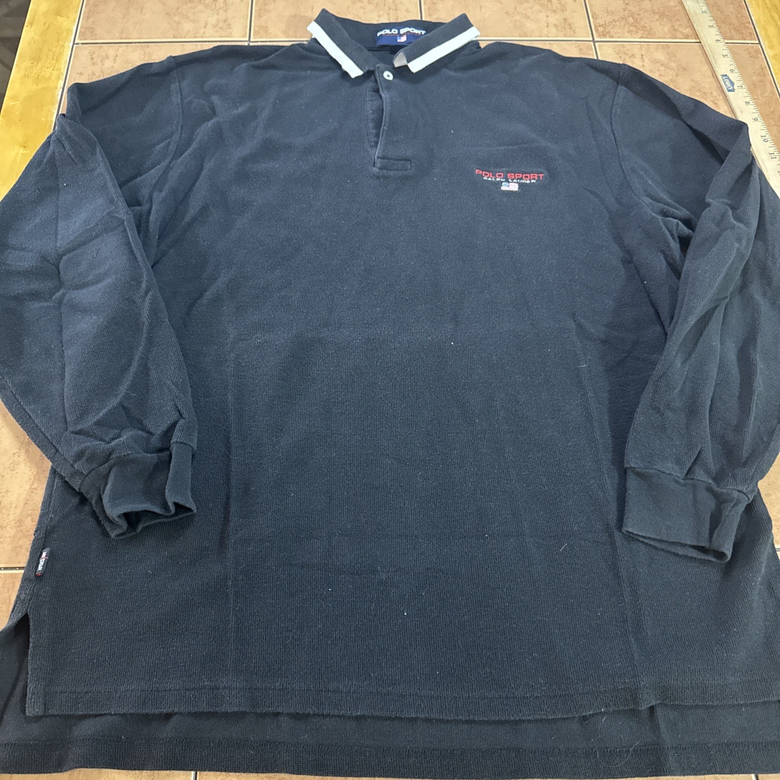 Vintage Polo Ralph Lauren Black White Tipped Long Sleeve Rugby Shirt Flag Sz XL