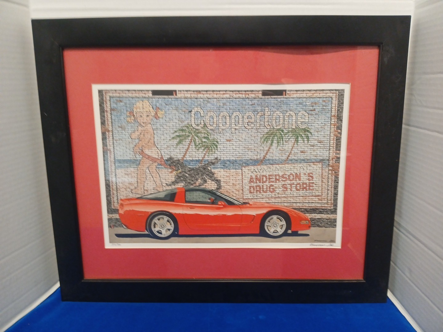 Framed Signed 184/700 Dana Forrester Red Corvette Coppertone Anderson Drug Store Framed Signed 184/700 Dana Forrester Red Corvette Coppertone Anderson Drug Store